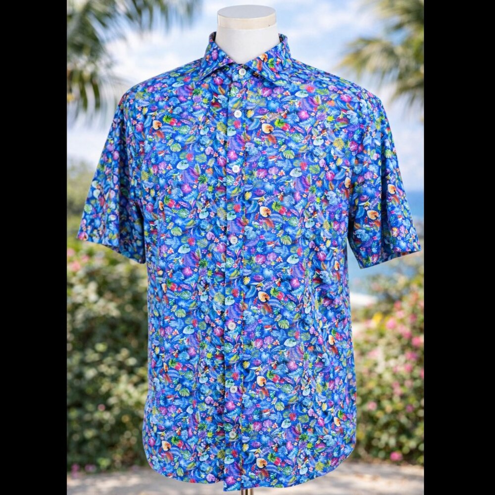 Allan Flusser‎ Floral Button Up Shirt Large Blue Cotton Pre-Owned Menswear
